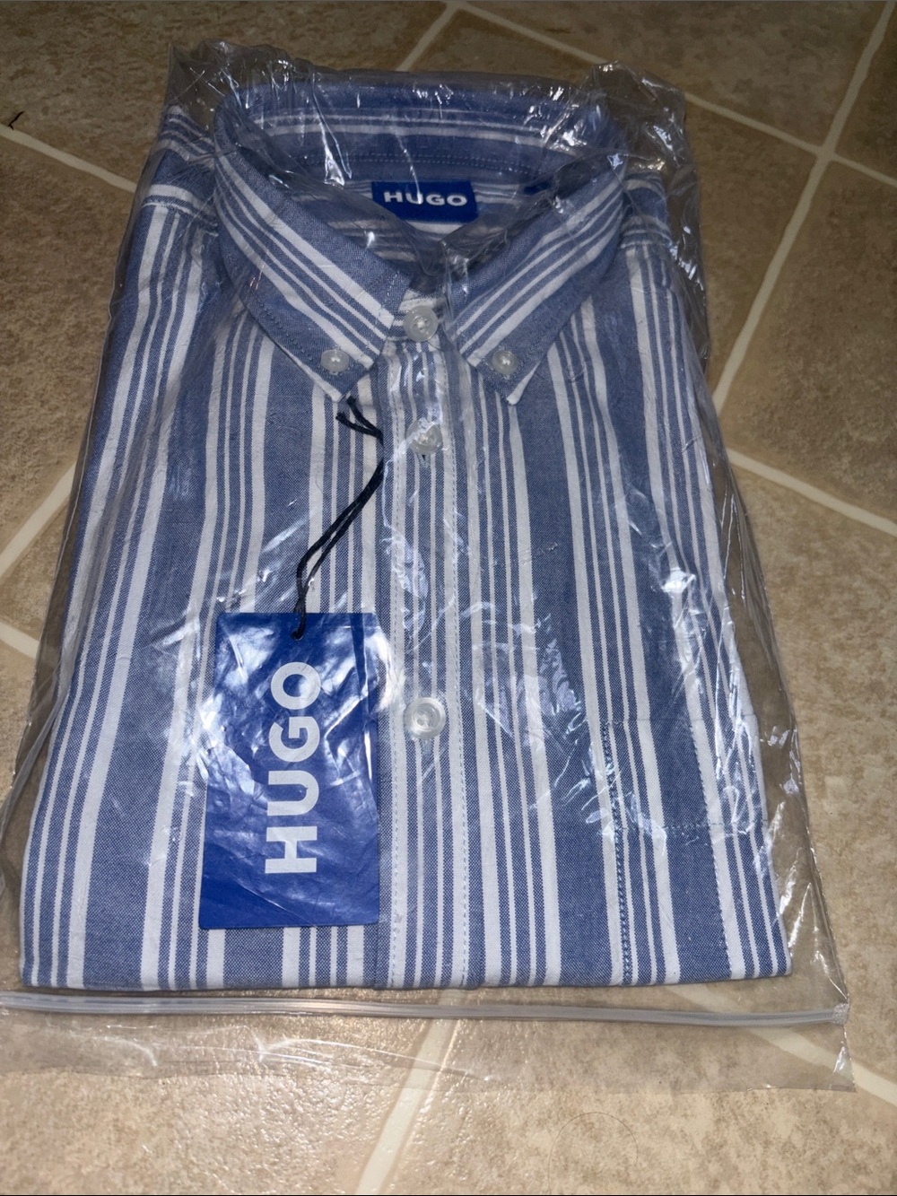 HUGO Blue and White Vertical Stripe Button-Down Shirt